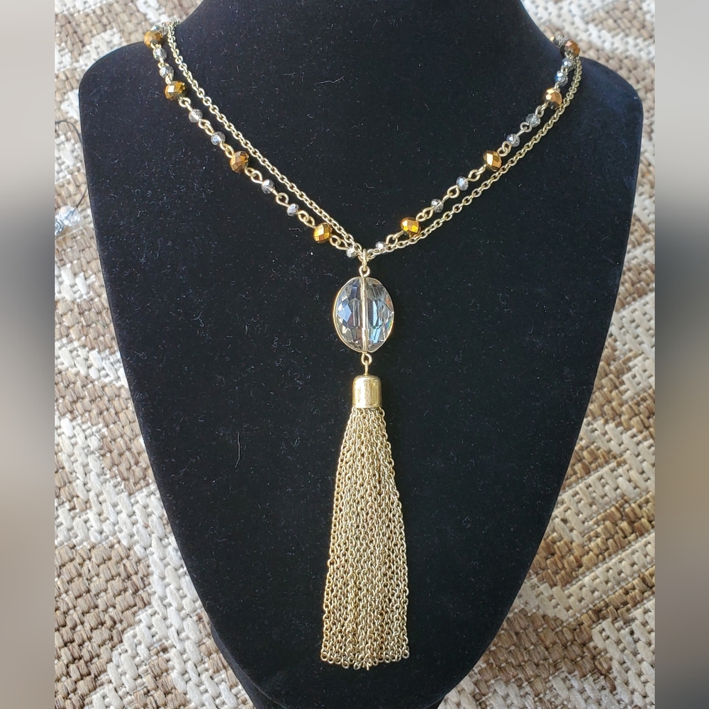 Tassel Necklace with Bronze and Pewter Beading
